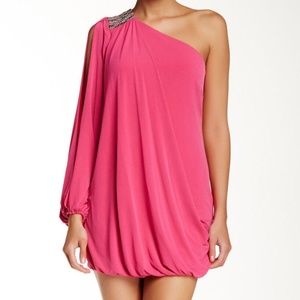 Laundry by Shelli Segal One Shoulder Open Sleeve Draped Mini Dress Sequins Sz 6